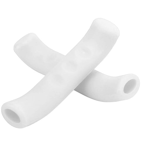 Pair of white anti slip silicone bike brake grips with waterproof lever covers, designed for cycling ease and safety.