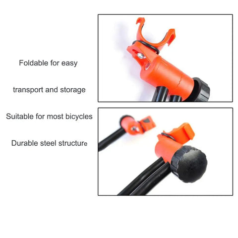 Close-up of Foldable Aluminum Bike Repair Stand For DIY Home Mechanics, Easy Foldout Legs, durable steel structure, rear hub mount.
