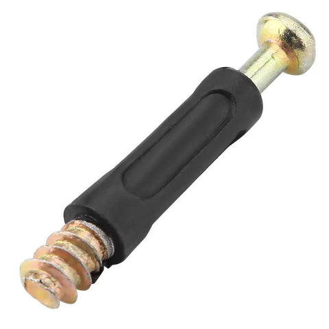 Top Notch Cam Lock Furniture Screw Set For Home DIY Carbon Steel Connectors Silver Finish 25 Piece Fastener Kit Easy Install Lightweight Yet Durable Precise Fit featuring a single black and silver cam lock screw with detailed threading. Size: 40mm length.