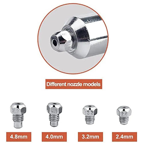 Electric Rivet Gun Attachment Kit For Drill With Four Rivet Heads 2.4mm 3.2mm 4.0mm 4.8mm shown in different sizes