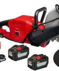 Compatible With Milwaukee M18 Fuel 18V 9 Inch Cut Off Saw with battery, charger, and diamond blade for concrete cutting.