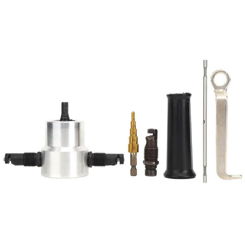 Six Piece Double Head Metal Sheet Nibbler Cutter Kit with Drill Attachment for straight and curve cutting, includes ergonomic tools.
