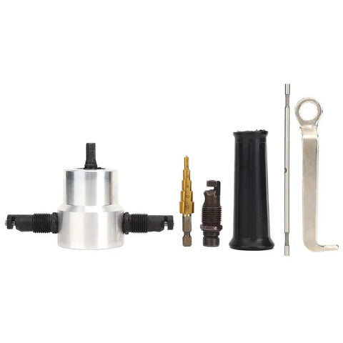 6 Piece Nibbler Cutter and Hole Saw Drill Attachment Kit compatible with electric or air drills, showcasing metal components and various attachments.