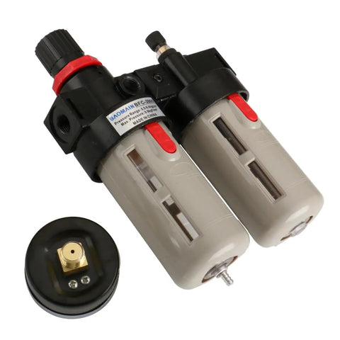 All In One Air Source Treatment Unit With Filter Regulator Lubricator Combo 1 Quarter Inch PT, BFC2000 Style, includes pressure gauge