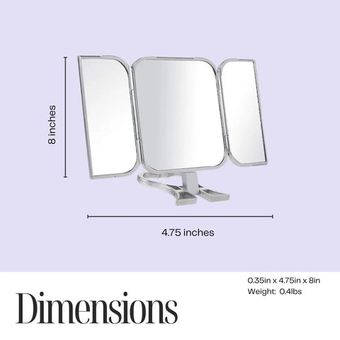 3 Way Foldable Travel Makeup Mirror With Built In Stand And Handle Ultra Clear Glass For Sharp Reflections Portable Silver Vanity Mirror dimensions