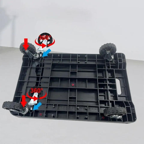 Heavy Duty Foldable Cargo Wagon With Smooth As Butter Rollers No Sweat Push Pull Flatbed Cart showing 360-degree swivel wheels.
