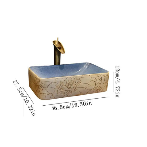 USZWBY Vessel Sinks Vessel Sink Lotus Pattern Art Countertop Basin Rectangular Ceramic Washbasin with faucet, dimensions 46.5cm x 27.5cm x 12cm.