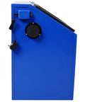 Side view of a blue 110L Bench Top Sandblast Cabinet With LED Lighting And Built-In Blast Gloves, Heavy Duty Steel Construction.