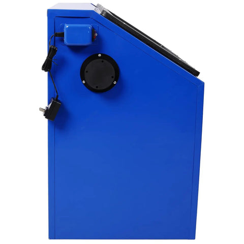 Side view of a blue 110L Bench Top Sandblast Cabinet With LED Lighting And Built-In Blast Gloves, Heavy Duty Steel Construction.