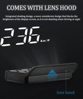 Slick Plug And Play Hud Obd Display With Built In Lens Hood For Zero Windshield Glare showing speed readout and lens hood design.