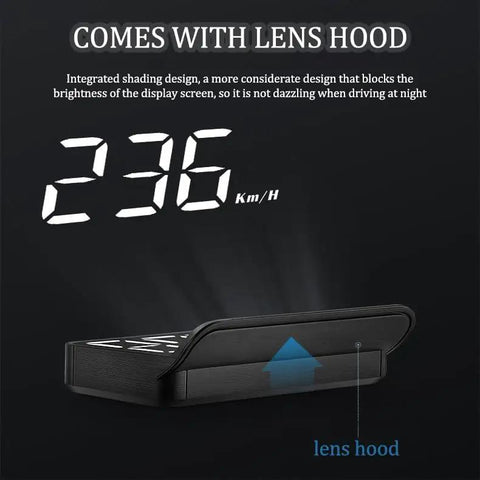 Slick Plug And Play Hud Obd Display With Built In Lens Hood For Zero Windshield Glare showing speed readout and lens hood design.