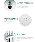 UMJIGF 8 Inches Shower System Brass Chrome Shower Faucet Set showing water pressure adjustment, fast descaling, and handheld shower features.