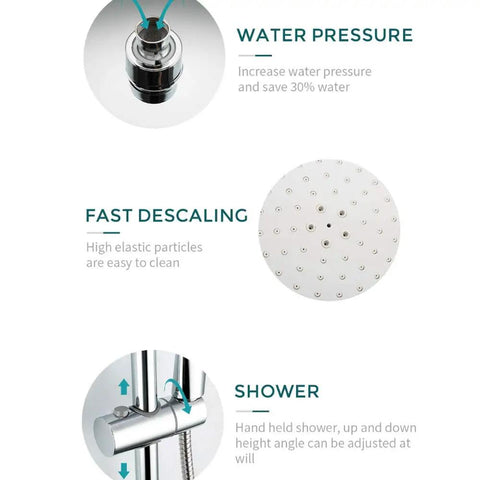 UMJIGF 8 Inches Shower System Brass Chrome Shower Faucet Set showing water pressure adjustment, fast descaling, and handheld shower features.