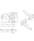 Technical drawing of Heavy Duty Galvanized T Hinges Four Pack for outdoor use, dimensions and mounting holes shown.