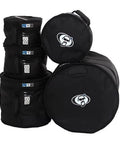 Heavy Duty Road Ready Hard Case For Full Drum Kit Built Tough Pro Gig Carrier stacked set of black drum bags with logo.