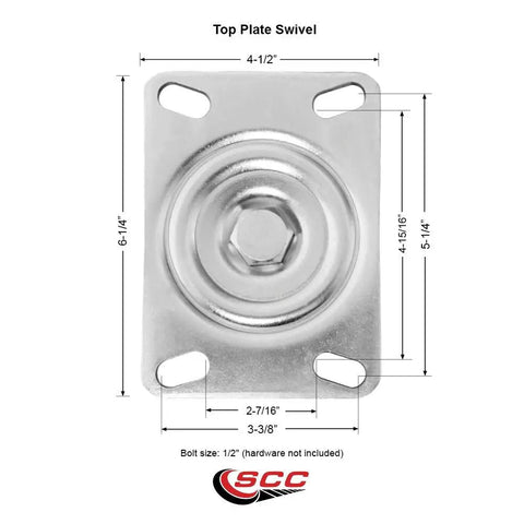 Heavy Duty Large Top Plate Polyurethane On Cast Iron Swivel Caster With 8 Inch Green Wheel And Secured Bolt Lock Bearing 1250 Lbs Capacity, top plate dimensions shown.