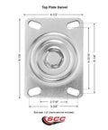 Heavy Duty Six Inch Semi Steel V Groove Caster With Sleek Silver Swivel Wheel And Rock Hard Top Plate Mount dimensions and design.