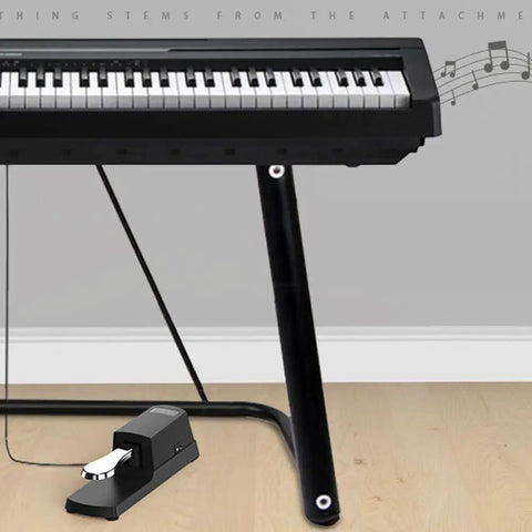 Universal Piano Sustain Pedal For Any Keyboard With 1 Quarter Inch Jack, Smooth Real Piano Feel, shown next to digital piano stand