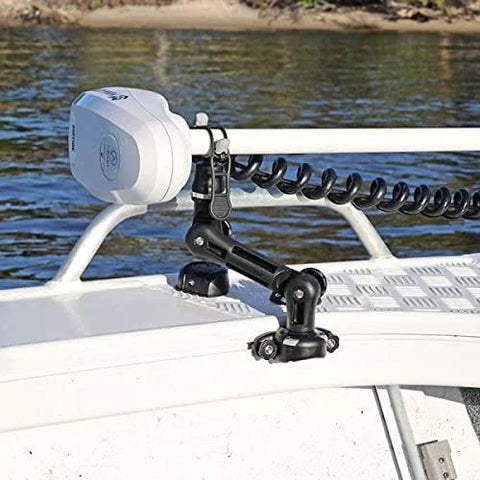 Railblaza trolling motor support XL mounted on boat bow with adjustable arm and tool-free locking strap.