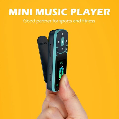 Hand holding 32GB Clip On MP3 Player With Bluetooth 5.3 For Sports, A65 Pedometer Music Player showing side view
