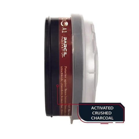 Side view of Must Have Replacement Filters For PD-100 And T-60 Masks with 80mm thread, activated charcoal label visible.