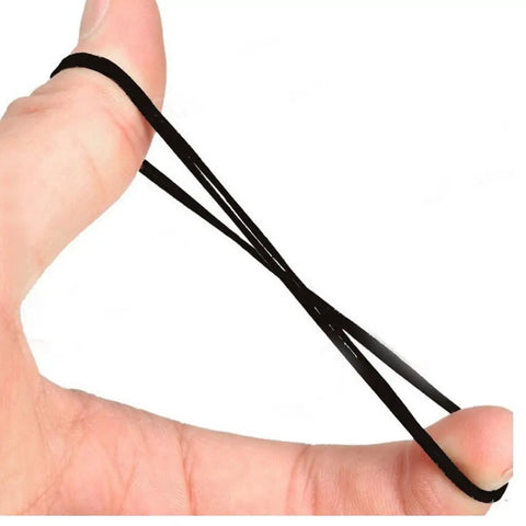 Person holding black rubber drive belt from Rubber Drive Belt Set for DVD CD VCR and Cassette Players 56 Pcs Replacement Belts