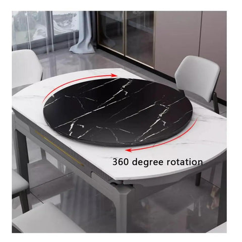 Large Wooden Lazy Susan Plus Heavy Duty Teak Serving Tray With 360 Smooth Glide Kitchen Turntable Featuring Rounded Edges on white table.