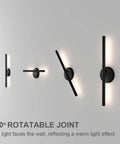 Black Wall Sconce Rotatable 360 Degree LED Light Fixture for bedroom, living room, and hallway in warm white 3000K, different angles
