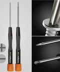 Close-up of magnetic Phillips and flathead drivers from the All-In-One Eyeglass Repair Kit With Magnetic Driver, Small Phillips And Flathead Bits, 15 Assorted Screws, 10 Silicone Nose Pads, Curved Tweezers, And Keychain Tool For Glasses And Sunnies On The Go.