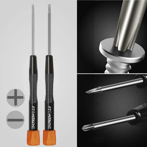 Close-up of magnetic Phillips and flathead drivers from the All-In-One Eyeglass Repair Kit With Magnetic Driver, Small Phillips And Flathead Bits, 15 Assorted Screws, 10 Silicone Nose Pads, Curved Tweezers, And Keychain Tool For Glasses And Sunnies On The Go.
