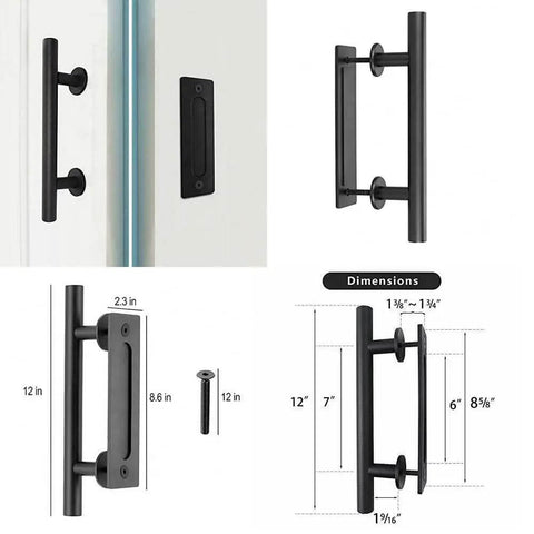 Two Sided Mirror Sliding Barn Door White Finish With Slick Black Carbon Steel Hardware Kit close-up on 12 inch handle dimensions