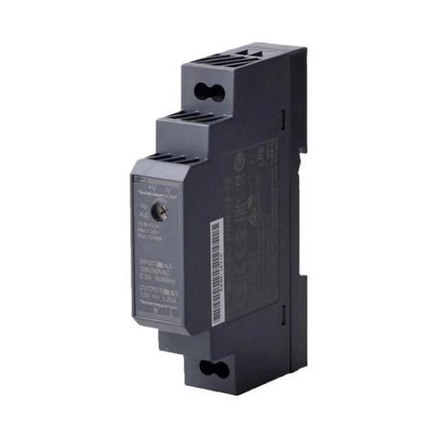 Straight Up Reliable 15 Watt 12 Volt Din Rail Switching Power Supply 1.25 Amp side view showing inputs and specifications.