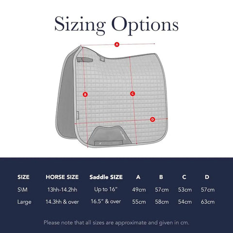 Sizing diagram for Anti Slip Dressage Saddle Pad With Soft Shell For Saddle Stability And Grip Breathable Wither Cut Contoured