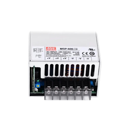 Rugged Beefy 600W 24V 27A Switching Power Supply With AC DC Single Output Remote Sensing And Active PFC Ultra Stable Current Limit MOOP Medical Safety High Efficiency Low No Load Draw Under Half Watt Handles Three Hundred VAC Surges MSP 600 24 front view with terminal block
