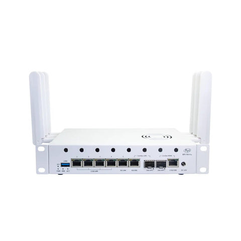 Next Level MediaTek Filogic 880 Tri Band WiFi 7 Router With Eight Gig DDR4 Memory And Ten Gigabit Ethernet Ready For Openwrt, front view.