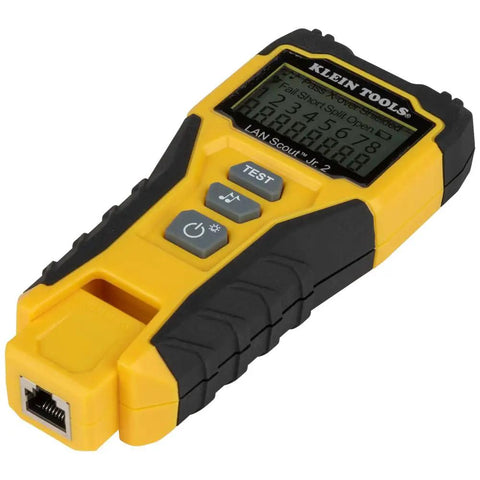 LAN Scout Jr 2 Ethernet Cable Tester For CAT5e CAT6 CAT6A RJ45 Cables With Backlit LCD, yellow handheld device.