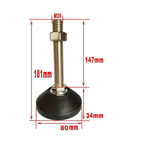 Rock Solid Adjustable Leveling Feet With Thick Rubber Base Pads Heavy Duty Carbon Steel Bolts For Machinery And Furniture Zero Wiggle Quick Threaded Lift Design Set Of Eight, showcasing dimensions and sturdy construction.