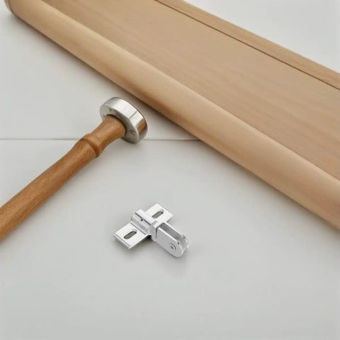 Frameless Glass Shower Door Hinge Set for 812mm Tempered Panels, Alloy Construction, next to wooden rolling pin on white background.