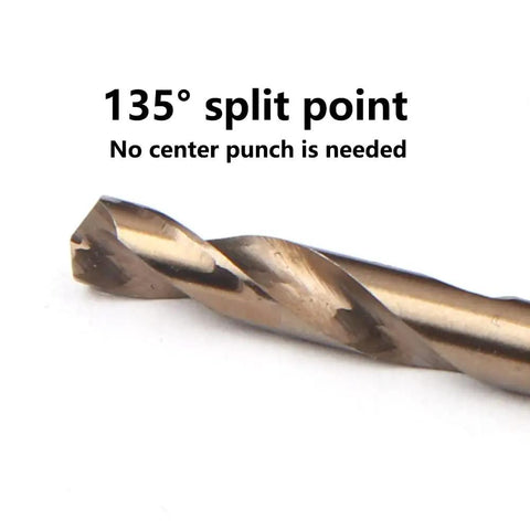 Close-up of 135° split point on One Eighth Inch Cobalt Drill Bit Set 20 Piece Pro Grade M35 HSS High Speed Steel Double End Stubby Bits