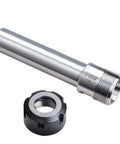 Heavy Duty ER Series Extension Rod For Milling Machines With Straight Shank Collet Adapter For C16 Tool Holder and Deep Machining Jobs. Silver steel rod and black nut.