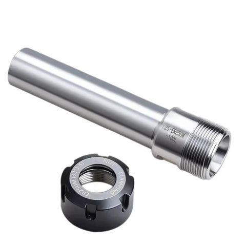 Heavy Duty ER Series Extension Rod For Milling Machines With Straight Shank Collet Adapter For C16 Tool Holder and Deep Machining Jobs. Silver steel rod and black nut.