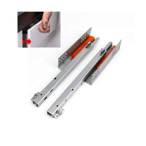 1 Pair Push To Open Under Mount Drawer Slides, Half Extension Rebound Rail Runners For Kitchen Cabinets, Rock Solid 25Kg Capacity, 14 Inch Design, Top Shelf Quality Hardware That Works Like A Charm, Orange, silver metal slides.