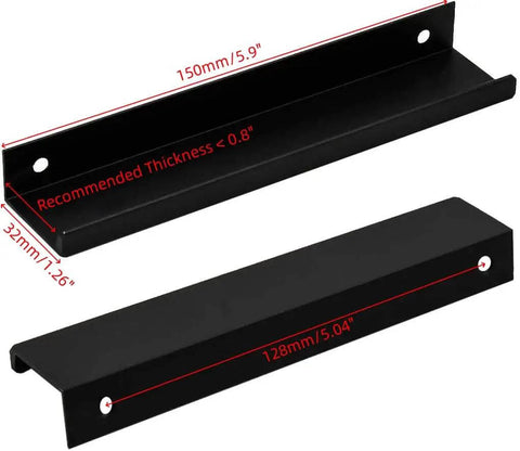 Heavy Duty Black Aluminum Finger Pull Handles For Kitchen Cabinets And Drawers Ergonomic One Handed Grip Design No Sweat Glide Operation Set Of Six Pieces With Mounting Hardware, showing measurement details.
