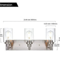 Dope Brushed Nickel Bathroom Light Fixture With Clear Glass Shade showing dimensions and three-bulb design.