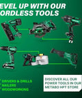 Assortment of Metabo HPT cordless tools including drivers, drills, nailers, and saws on a green background.