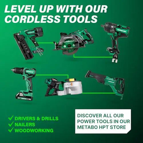 Assortment of Metabo HPT cordless tools including drivers, drills, nailers, and saws on a green background.