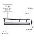 Components of Badass Heavy Duty Floating Mantel Bracket with drill plate, router template, and bits for installation.
