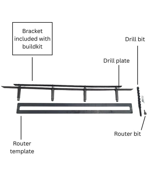 Components of Badass Heavy Duty Floating Mantel Bracket with drill plate, router template, and bits for installation.