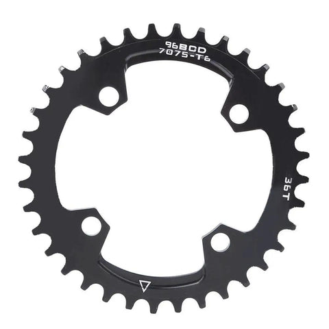 96 BCD Narrow Wide Round Bike Chainring 36T, black aluminum alloy, designed for mountain bikes, with anti-rust finish, high strength and durable.