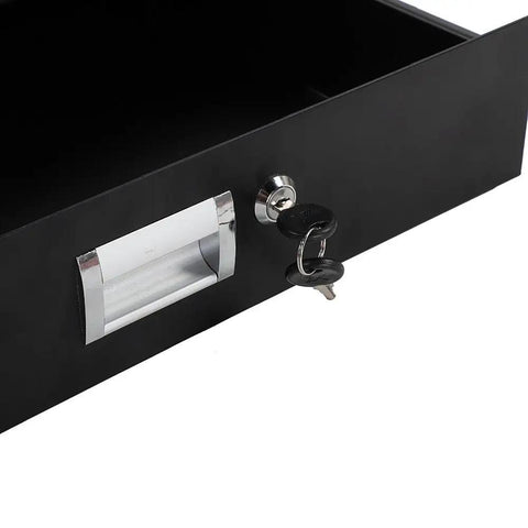 Straight Up Heavy Duty 19 Inch 2U Rack Drawer Cabinet With Secure Lock And Keys crafted from solid steel in sleek black, featuring a lock.